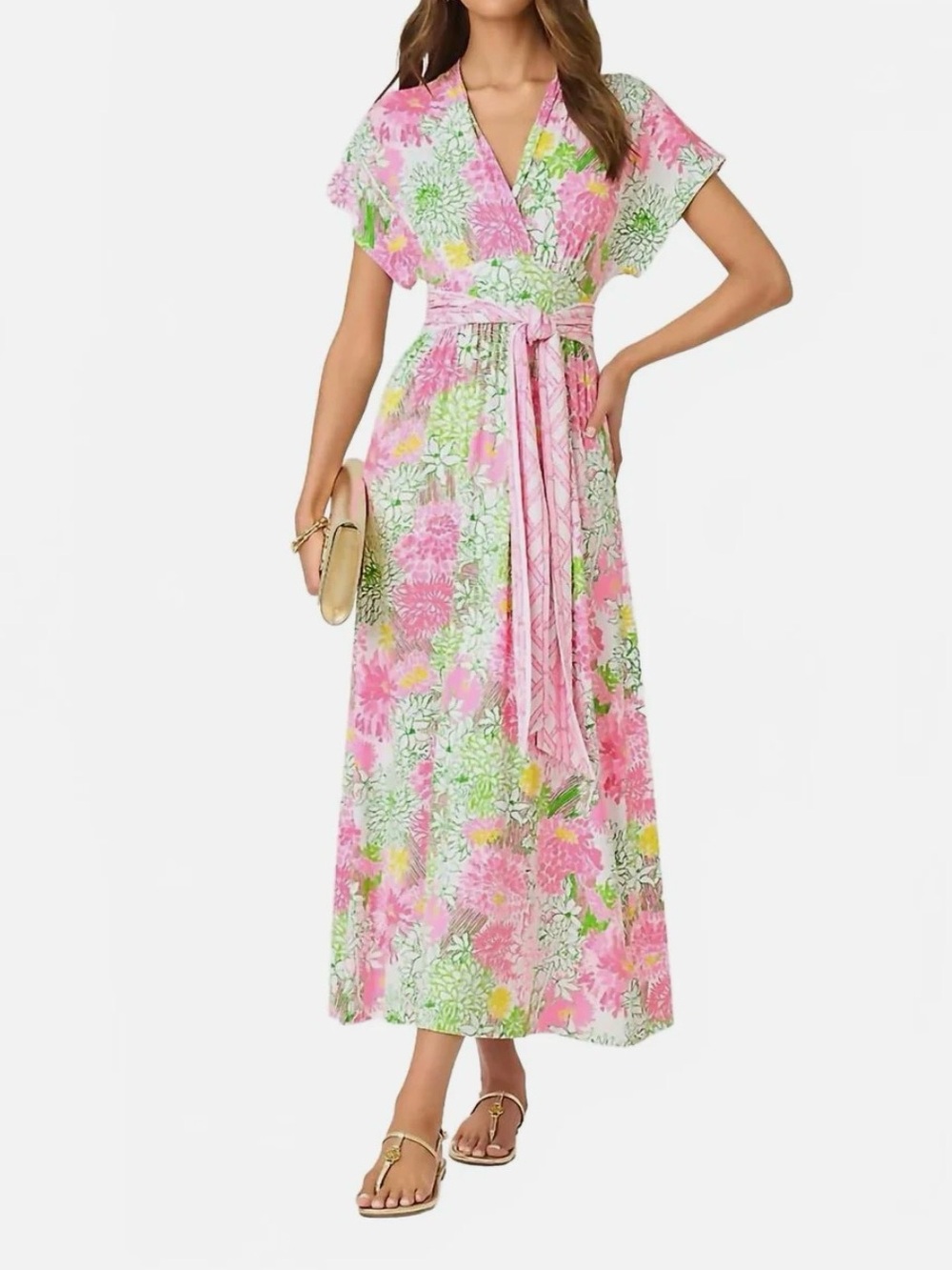 Lilly Pulitzer Keenan Maxi Dress in Resort White Mum Patch Floral Pink Wrap Tie